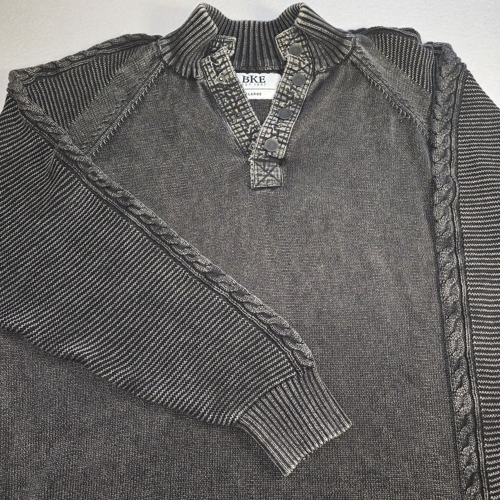 BKE Buckle Mens XL Stonewash Cotton Cable Knit Mock Neck Henley Sweater Black...
